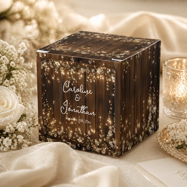 Wood Rustic White Floral String Lights Wedding Favour Box (Creator Uploaded)