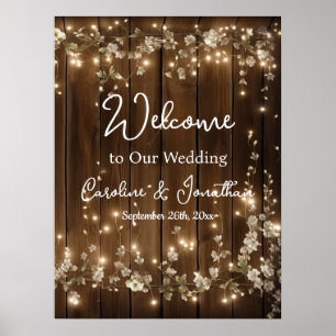 Wood Rustic White Floral String Lights Welcome Poster