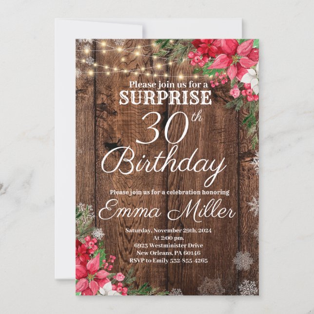Wood Rustic Winter Surprise 30th Birthday Invitation (Front)