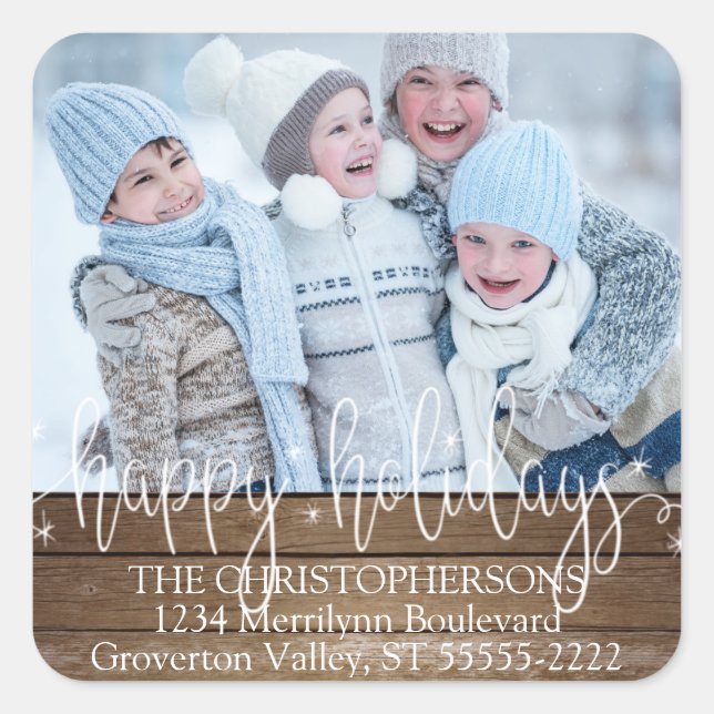 Wood Script HAPPY HOLIDAYS Photo Return Address Square Sticker (Front)