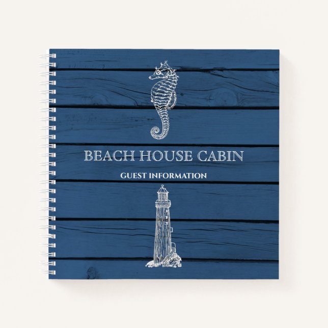 Wood Seahorse Lighthouse Beach House Guest Info Notebook (Front)