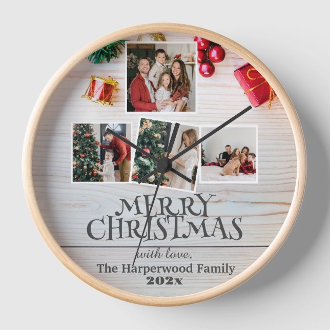 wood simple elegant family christmas Photo collage Clock (Front)