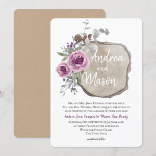 Wood Slice and Rose Purple and Silver Wedding Invitation