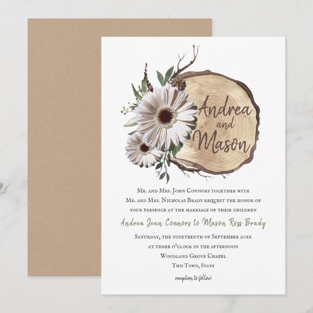 Wood Slice Daisy Wedding Invitation (Front/Back)