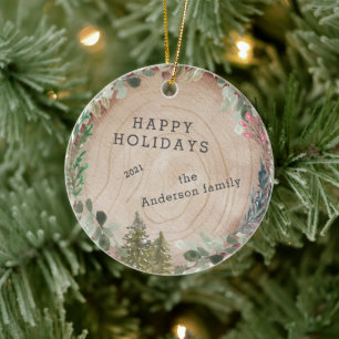 Wood Slice Happy Holidays Photo Ceramic Tree Decoration