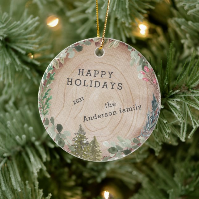 Wood Slice Happy Holidays Photo Ceramic Tree Decoration (Tree)