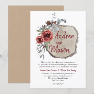 Wood Slice Marsala Red Wine Rose Rustic Wedding Invitation