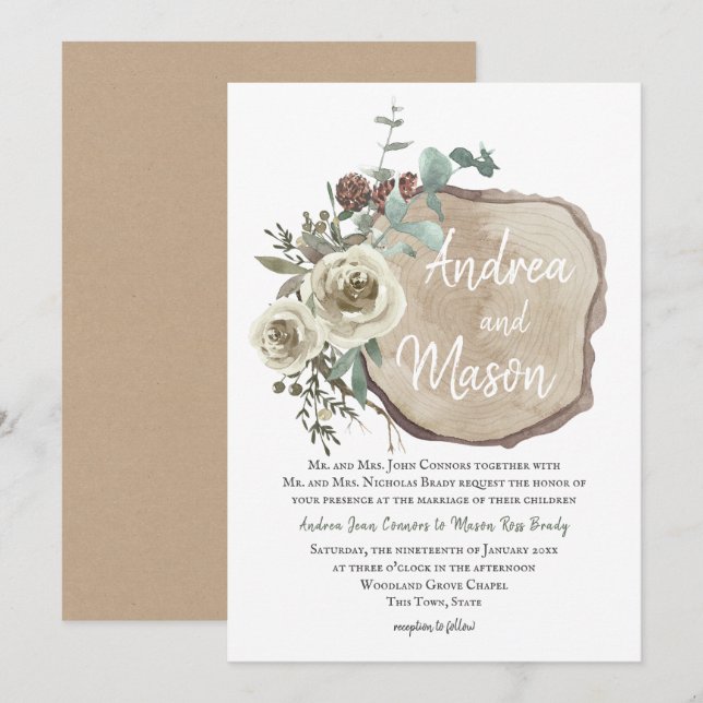 Wood Slice Natural Rose and Eucalyptus Wedding Invitation (Front/Back)