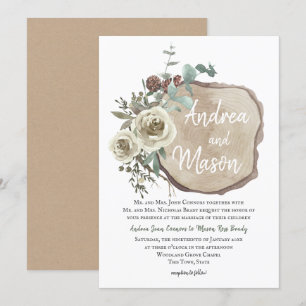 Wood Slice Natural Rose and Eucalyptus Wedding Invitation