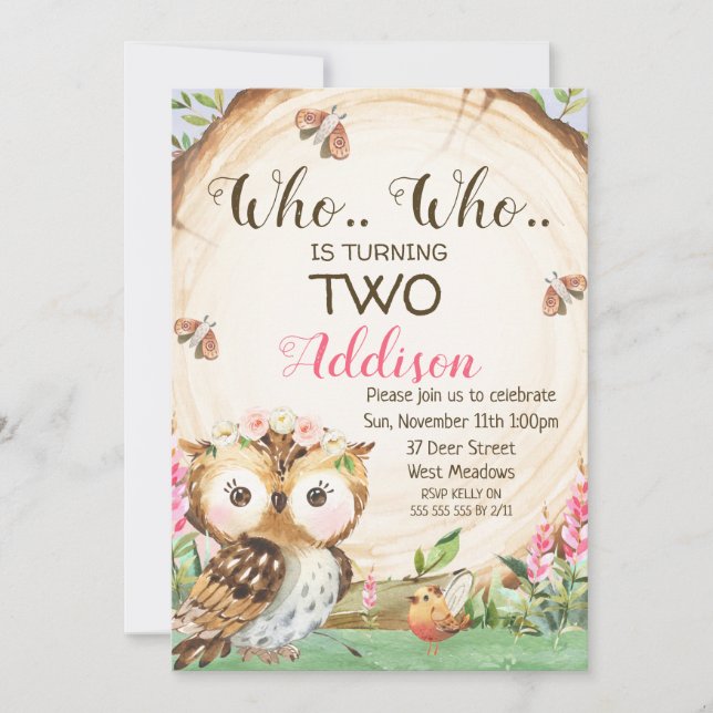 Wood Slice Owl Girls Birthday Invitation (Front)