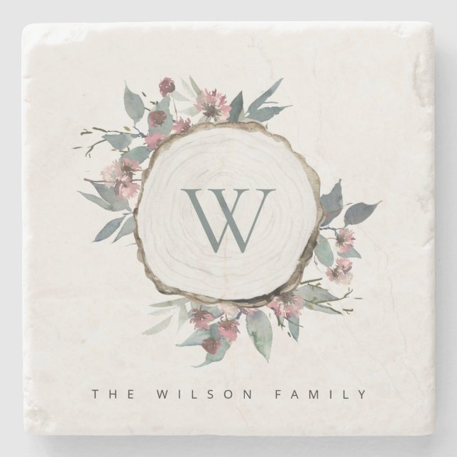 WOOD SLICE PINK BOTANICAL MONOGRAM FAMILY NAME STONE COASTER (Front)