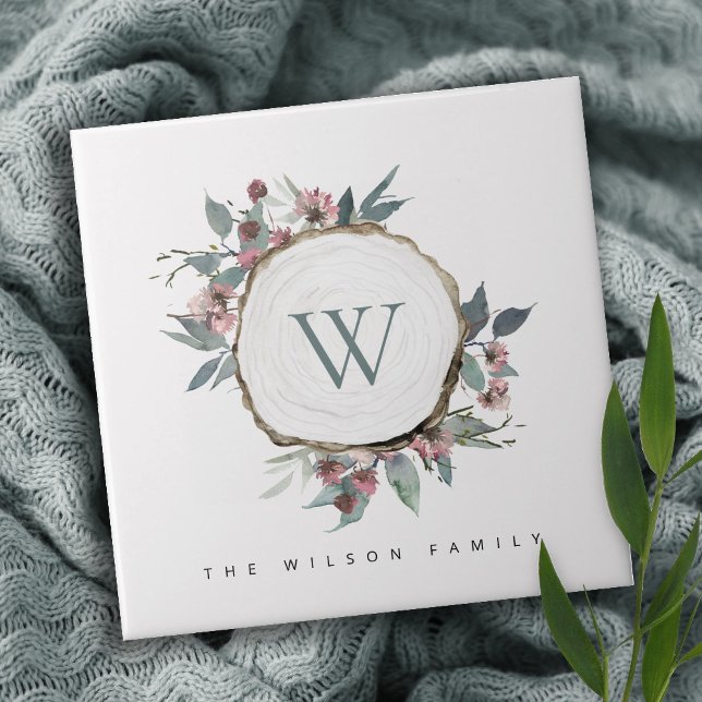 WOOD SLICE PINK BOTANICAL MONOGRAM FAMILY NAME TILE (Creator Uploaded)