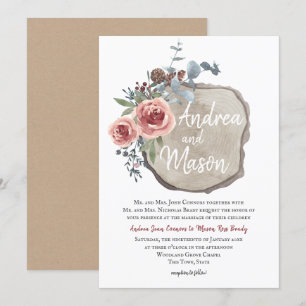 Wood Slice Rose and Eucalyptus Wedding Invitation