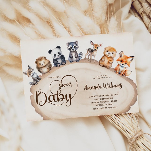 Wood Slice Woodland Baby Animals Baby Shower Invitation (Creator Uploaded)