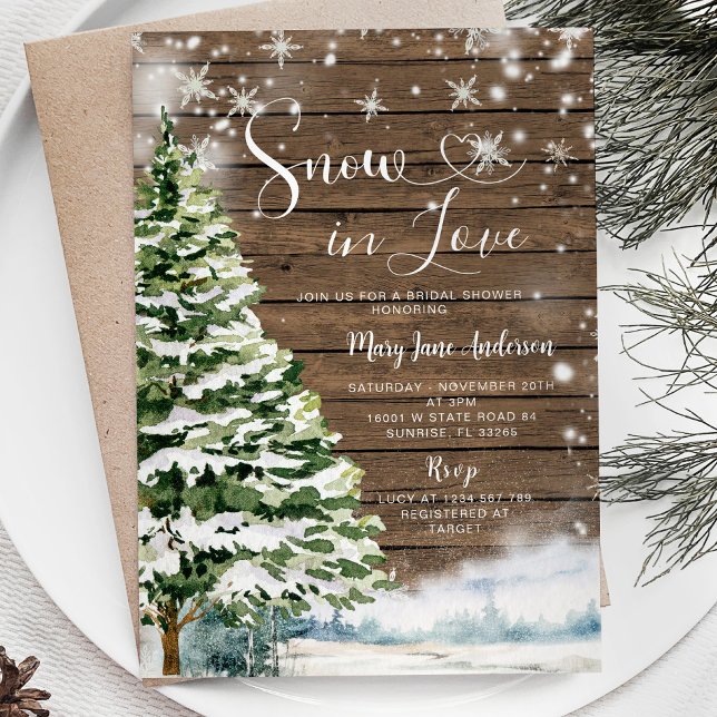 Wood Snow in Love Winter Evergreen Bridal Shower Invitation (Creator Uploaded)