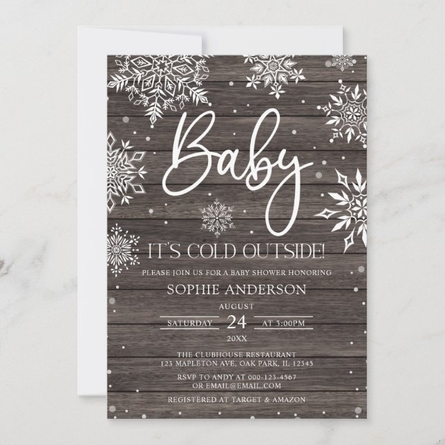 Wood Snowflake Baby It's Cold Outside Baby Shower Invitation (Front)
