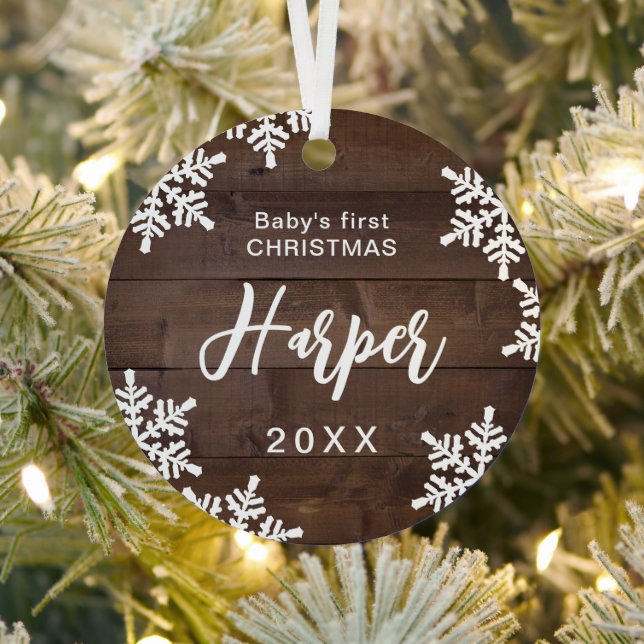 Wood Snowflakes Baby's First Christmas Script Name Metal Tree Decoration (Insitu)