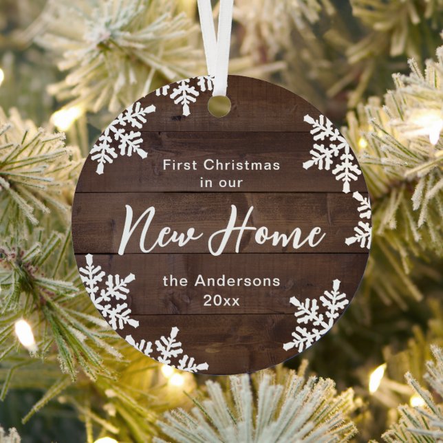 Wood Snowflakes First Christmas In Our New Home Metal Tree Decoration (Insitu)