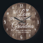 Wood Spending Time with Grandma Large Clock<br><div class="desc">Fun family clock with wood plank textured background. We Love spending time with grandma custom grand kids names. Add the grand kids names at the bottom of the clock for a unique keepsake gift.</div>