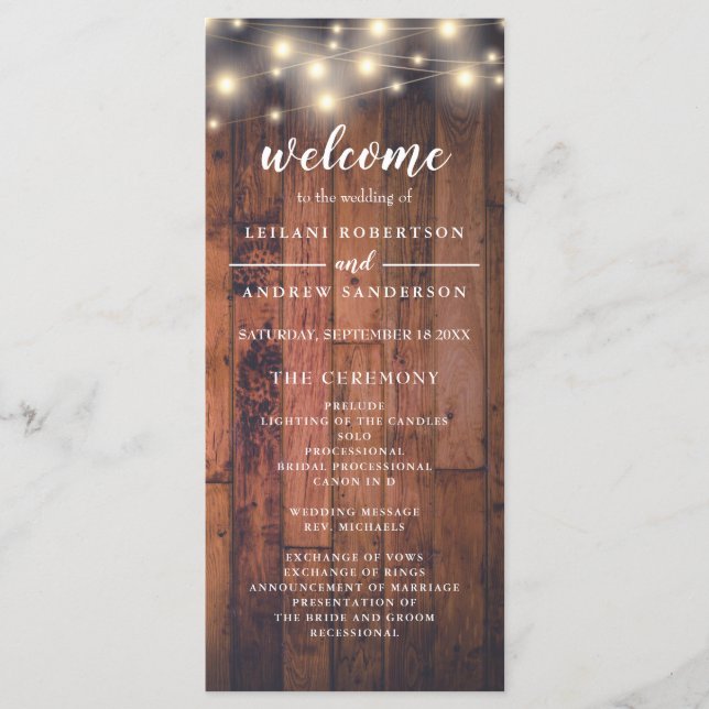 Wood String Light Wedding Programme (Front)