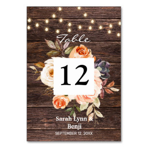 Wood , String Lights, Blush & Peach Floral Table Number