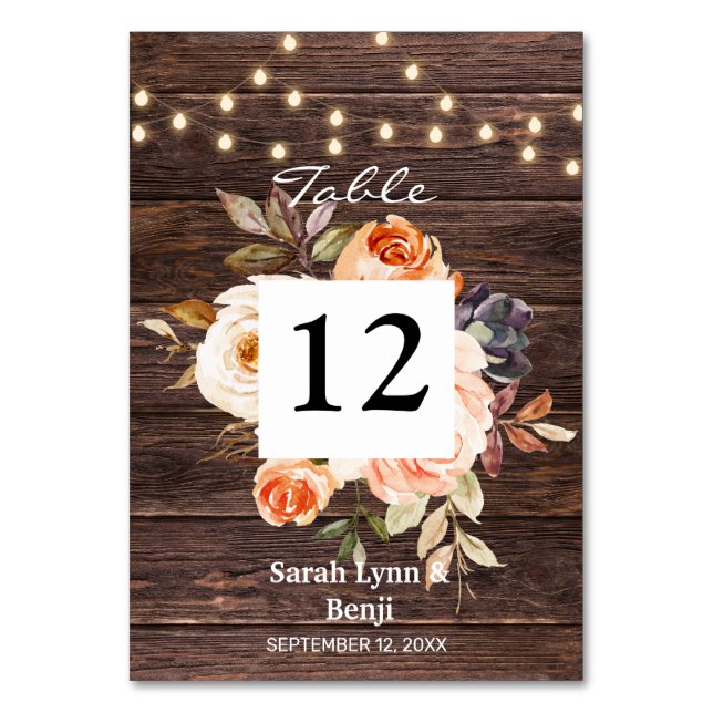 Wood , String Lights, Blush & Peach Floral Table Number (Front)