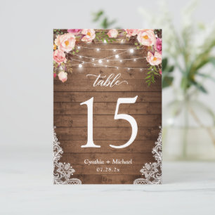 Wood String Lights Floral Wedding Table Number