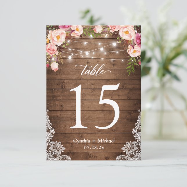 Wood String Lights Floral Wedding Table Number (Standing Front)