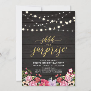 Wood & String Lights Gold Surprise Birthday Party Invitation
