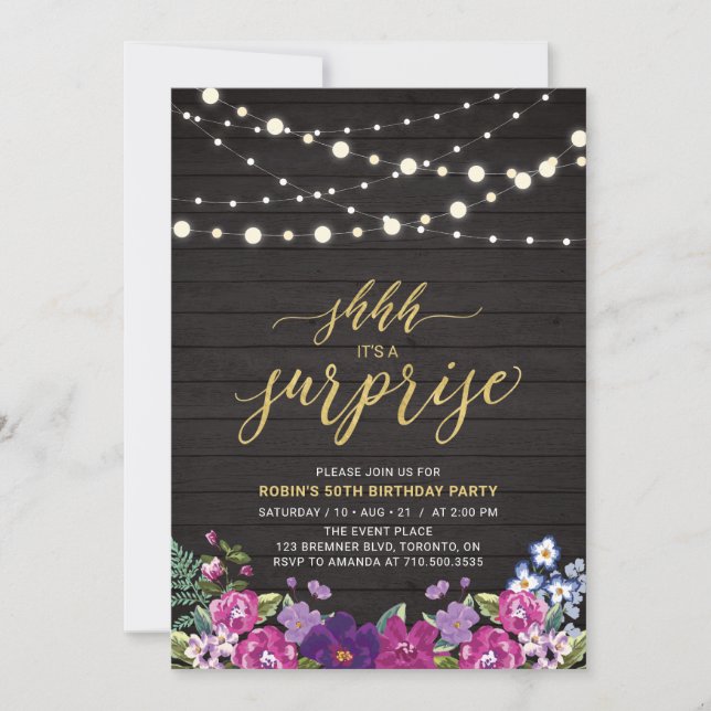 Wood & String Lights Gold Surprise Birthday Party Invitation (Front)