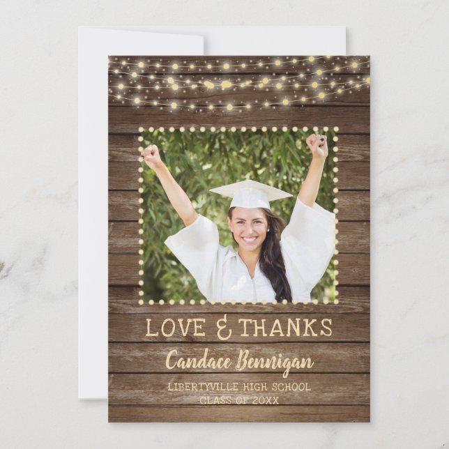 Wood String Lights Graduation Photo Thank You Announcement (Front)