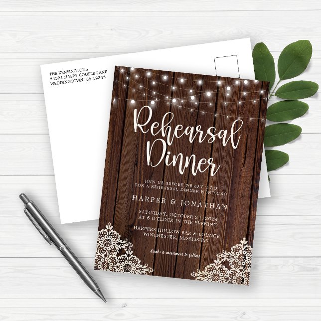 Wood String Lights Lace Wedding Rehearsal Dinner Postcard (Creator Uploaded)