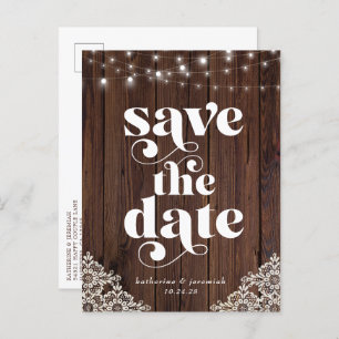 Wood String Lights Lace Wedding Save the Date Announcement Postcard