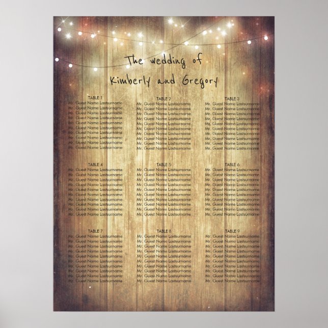 Wood String Lights Rustic Wedding Seating Chart (Front)