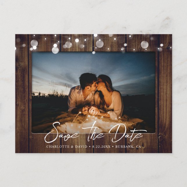 Wood String Lights Save The Date Photo Postcard (Front)