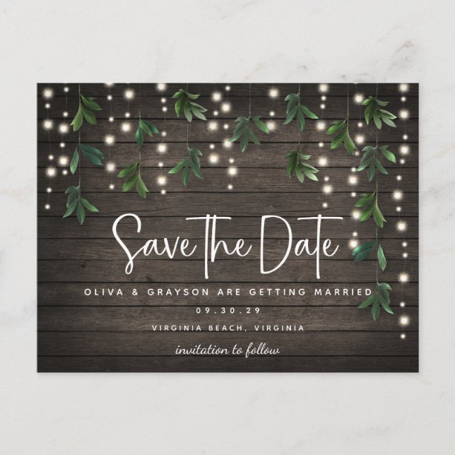 Wood String Lights Script Wedding Save the Date  Postcard (Front)