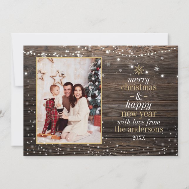 Wood, String Lights & Snow Elegant Christmas Photo Holiday Card (Front)