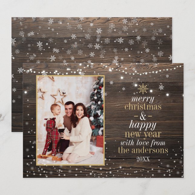 Wood String Lights & Snow | Rustic Christmas Photo Invitation (Front/Back)