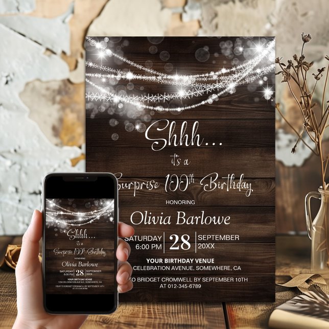 Wood String Lights Surprise 100th Birthday Party Invitation (Creator Uploaded)