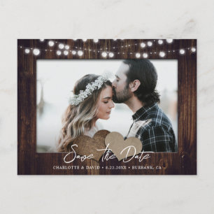 Wood String Lights Wedding Photo Save The Date Announcement Postcard