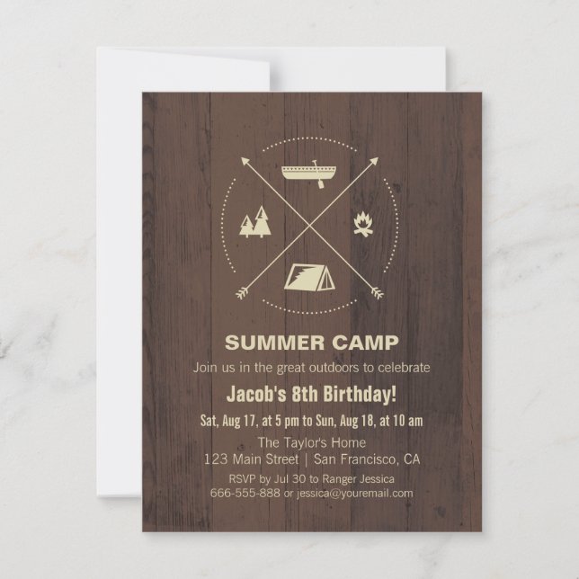Wood Summer Camp Birthday Party Invitations (Front)