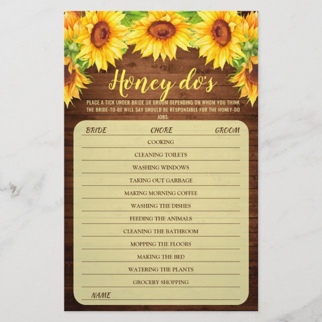 Wood Sunflower Blossom Greenery Bridal Shower Game (Front)