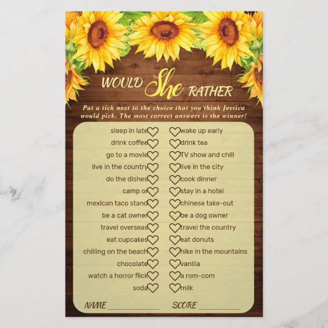 Wood Sunflower Blossom Greenery Bridal Shower Game (Front)