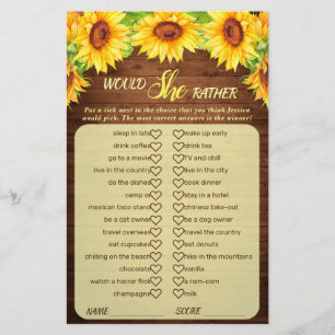 Wood Sunflower Blossom Greenery Bridal Shower Game