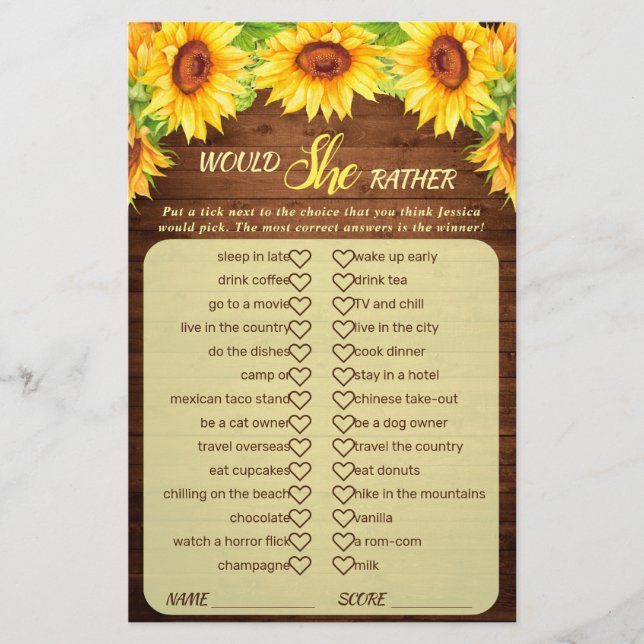 Wood Sunflower Blossom Greenery Bridal Shower Game (Front)