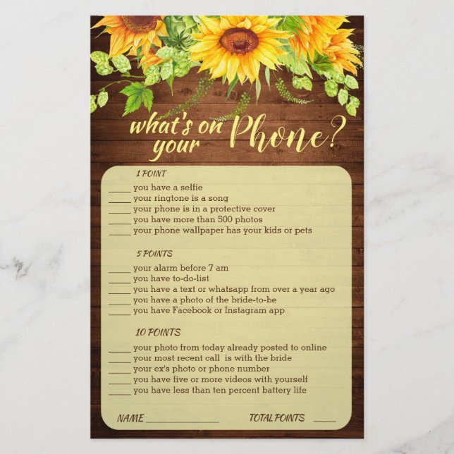 Wood Sunflower Blossom Greenery Bridal Shower Game (Front)