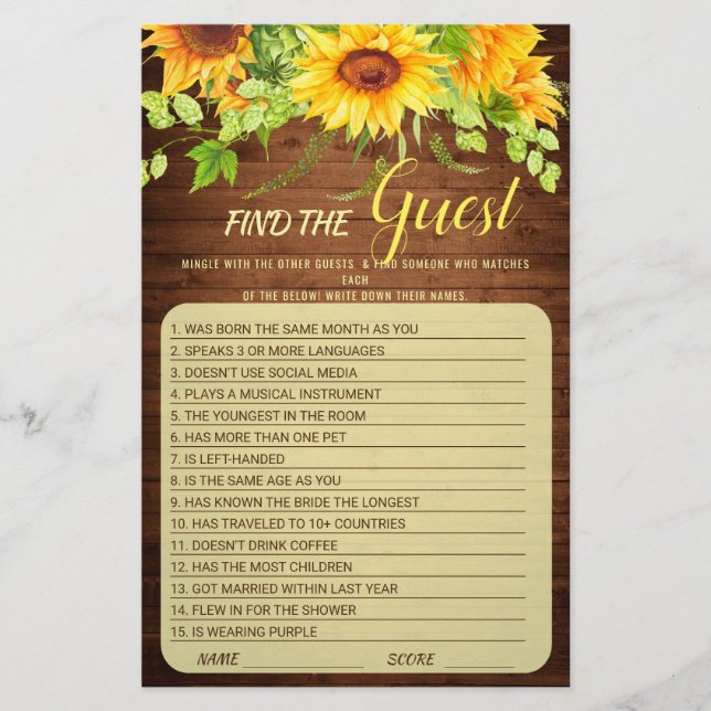 Wood Sunflower Blossom Greenery Bridal Shower Game (Front)