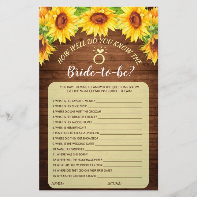 Wood Sunflower Blossom Greenery Bridal Shower Game (Front)