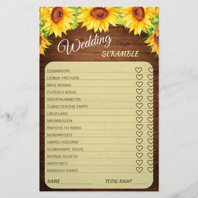 Wood Sunflower Blossom Greenery Bridal Shower Game (Front)