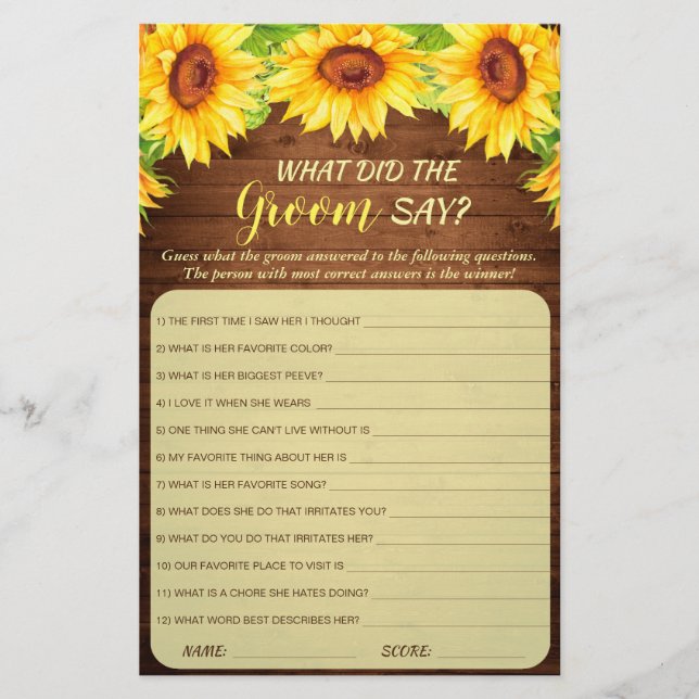 Wood Sunflower Blossom Greenery Bridal Shower Game (Front)